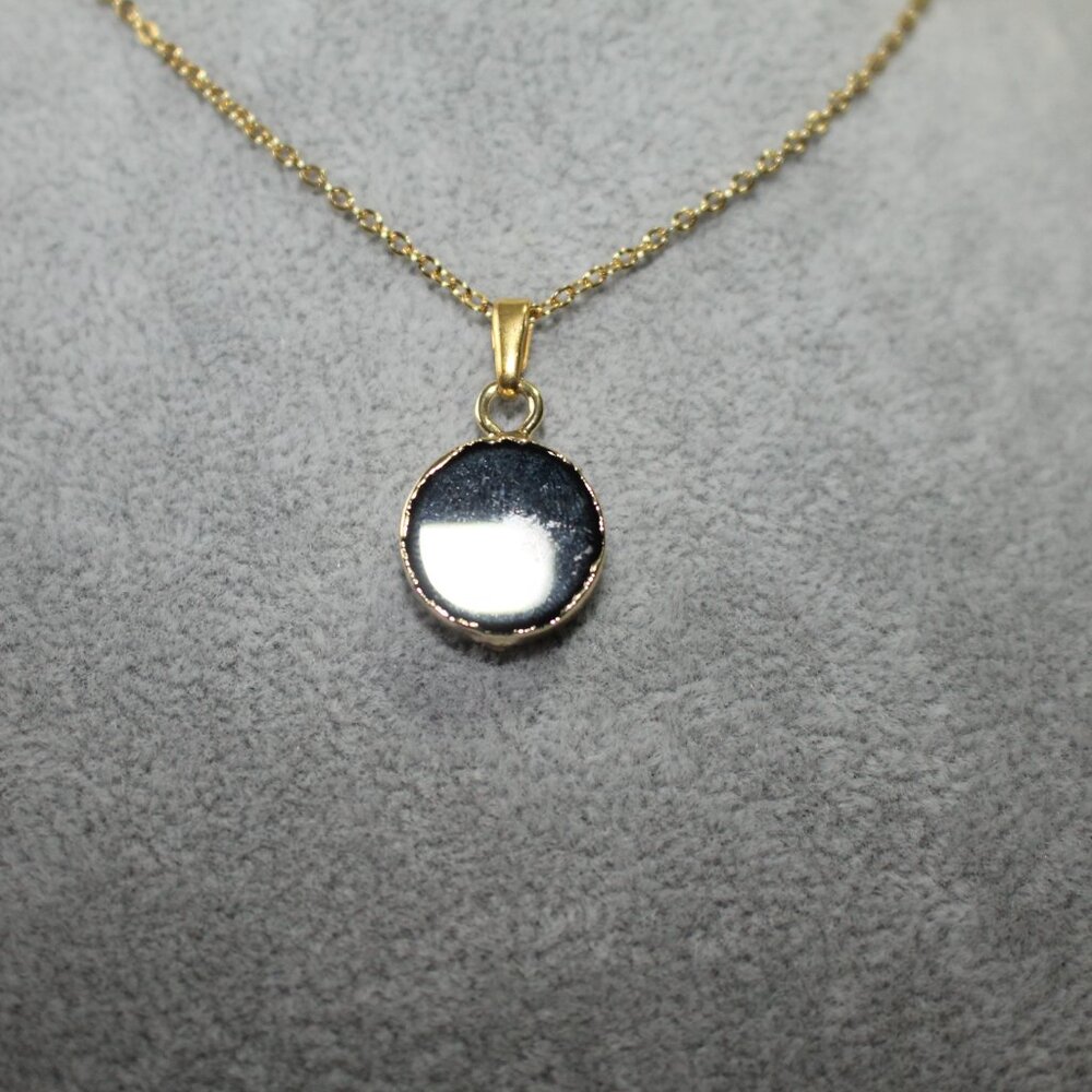 Black Druzy Round Stone Pendant Necklace – Gold Trim - Picture 2 of 5